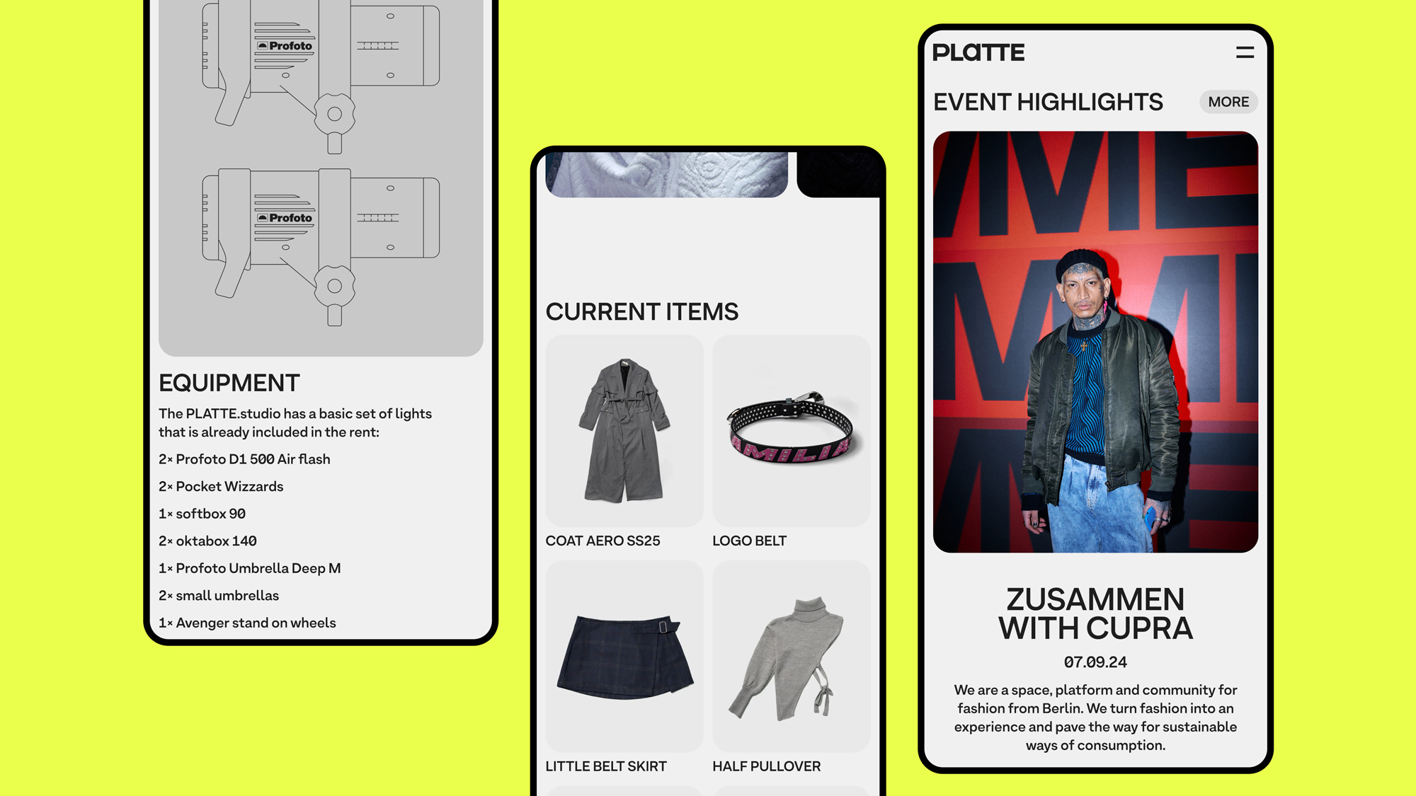 A collage of three mobile viewport screenshots of the new PLATTE website on a bright yellow background. The screenshots show a description of equipment in the PLATTE studio, a grid of fashion items to buy and an event page with the title “Zusammen with Cupra”.