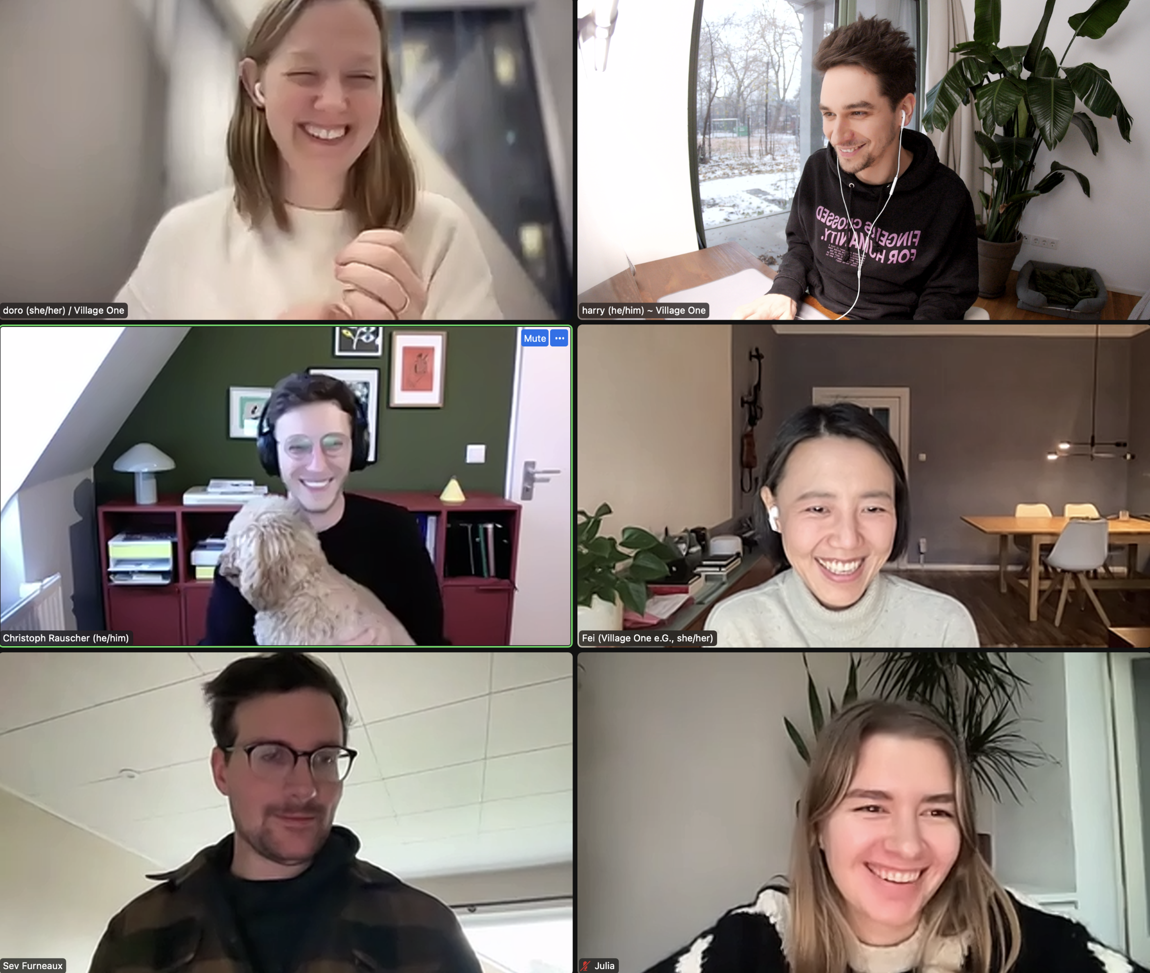 A zoom screenshot of six happy people on a video call