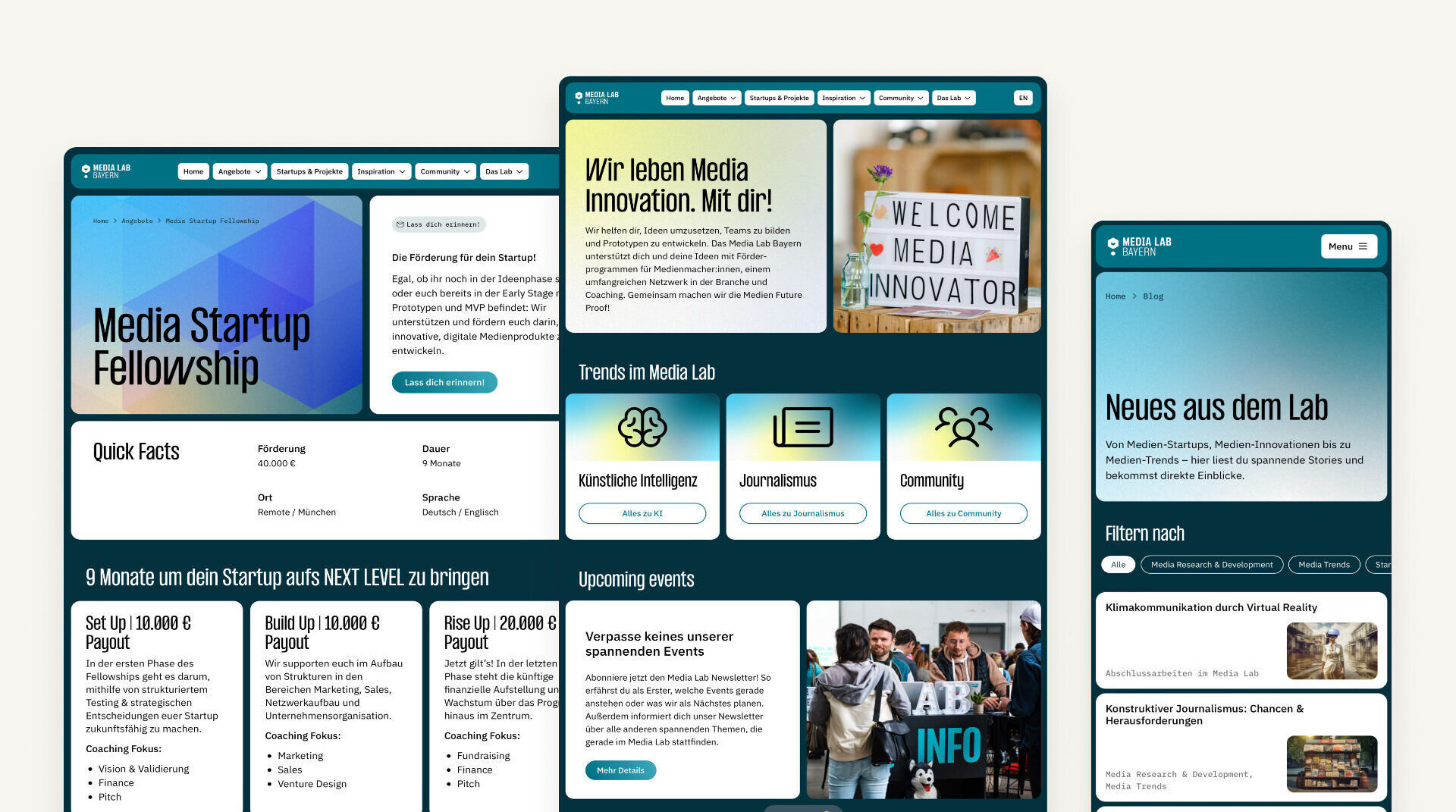 A collage of three website screenshots, showing the new Media Lab branding and website across different viewports. The main headlines say “Media Startup Fellowship”, “Wir leben Media Innovation. Mit Dir!” and “Neues aus dem Lab”