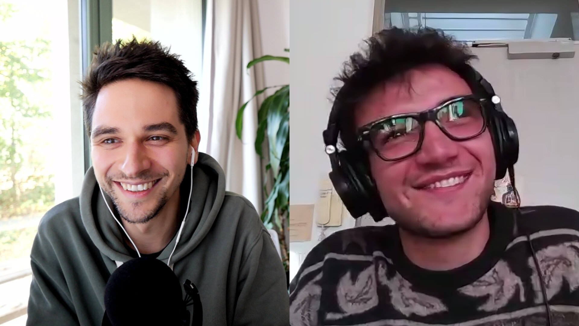 Photo of two dudes on a video call, smiling, both wearing headphones