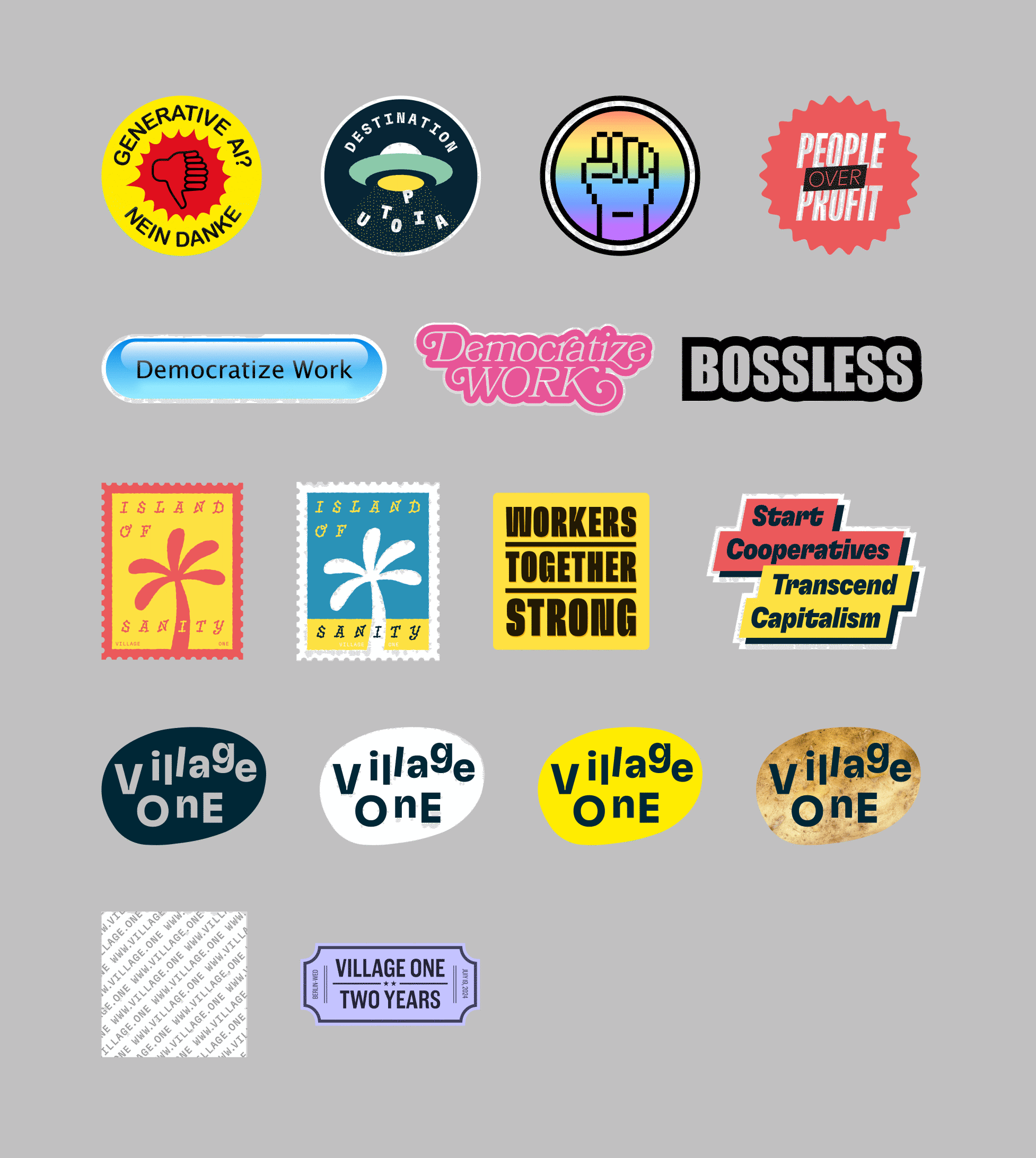 Grid-like overview of all sticker assets, some of them with text, e.g. saying “Democratize Work”, “Village One”, “People over Profit”, “Start Cooperatives, Transcend Capitalism” or “Generative AI? Nein Danke”