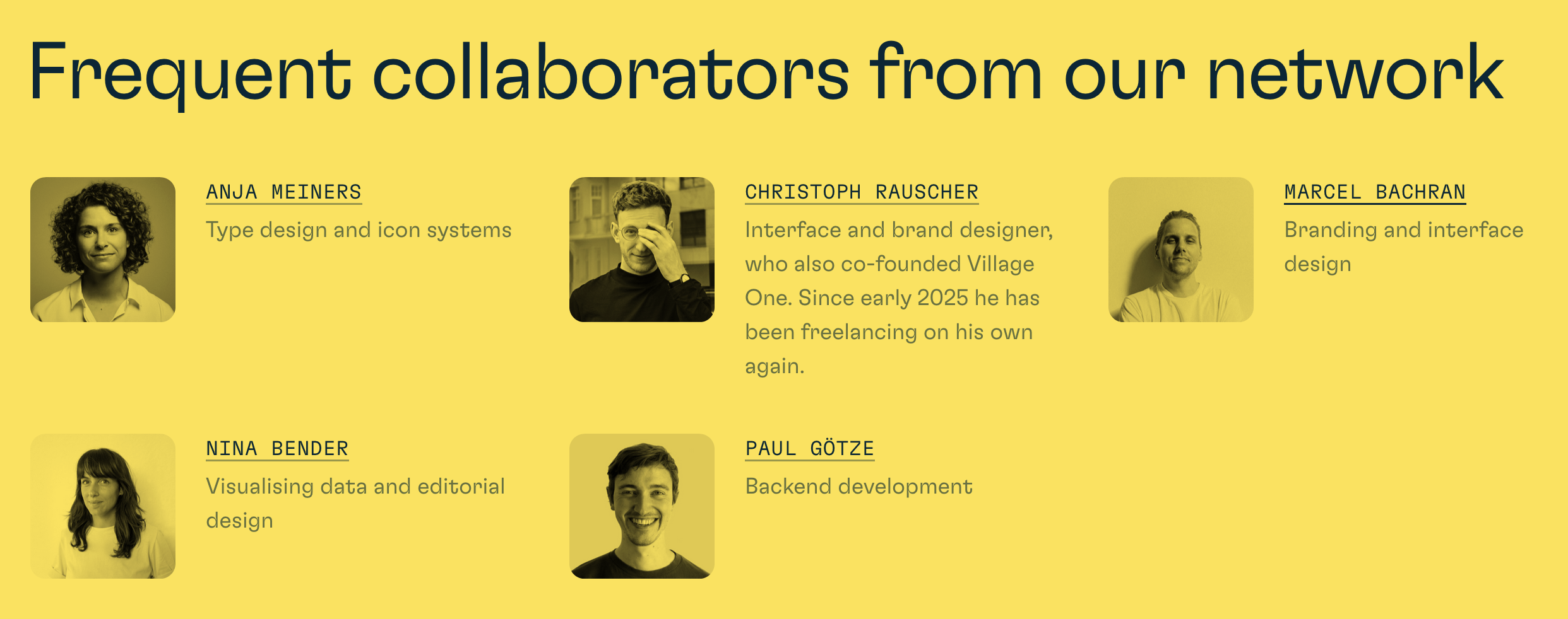 Screenshot of a section from Village One's website, showing currently five collaborators from our network.